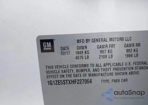 2017 Chevrolet Malibu 1Lt z USA, uszkodzony, nr VIN 1G1ZE5STXHF227064